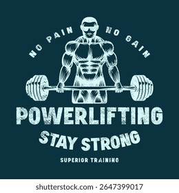 Emblem for powerlifting. Graphic design with rough texture for t-shirt. Blue print on dark background