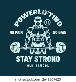 Emblem for powerlifting. Graphic design with rough texture for t-shirt. Blue print on dark background