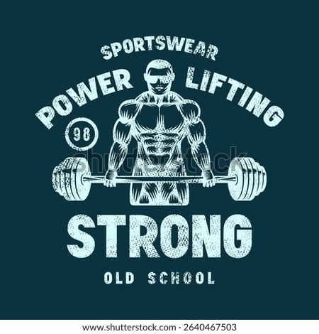 Emblem for powerlifting. Graphic design with rough texture for t-shirt. Blue print on dark background