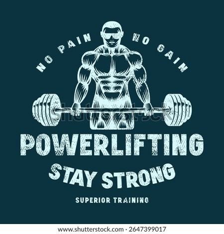 Emblem for powerlifting. Graphic design with rough texture for t-shirt. Blue print on dark background