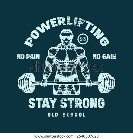 Emblem for powerlifting. Graphic design with rough texture for t-shirt. Blue print on dark background
