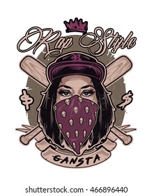 Emblema con la cara de chica guapa de hip hop. Ilustración vectorial