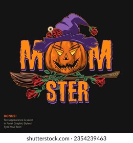 Emblem with pumpkin head like witch with purple hat, broom, red roses, text Momster. Editable text appearance. Family concept. Holiday illustration on dark background. Vintage style.