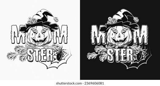 Emblem with pumpkin head like witch with purple hat, broom, purple roses, spider web, text Momster. Editable text appearance. Family concept. Holiday illustration on dark background. Vintage style.