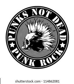 emblem "punk not dead" with punk skull. vector illustration. black and white version.