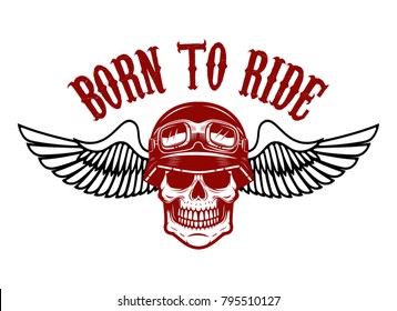 Emblem with racer skull and wings.  Design element for logo, label, emblem, sign, badge. Vector illustration