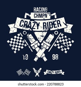 Emblem of the racing car in retro style. Graphic design for t-shirt. White print on dark background