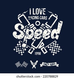 Emblem of the racing car in retro style. Graphic design for t-shirt. White print on dark background