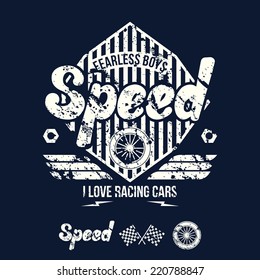 Emblem of the racing car in retro style. Graphic design for t-shirt. White print on dark background