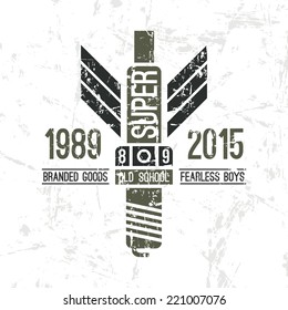 Emblem racing club in military  retro style. Graphic design for t-shirt. Color print on white background