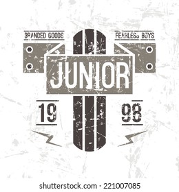 Emblem racing junior in retro style. Graphic design for t-shirt. Color print on white background