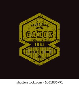 Emblem of rafting club. Graphic design for t-shirt. Green print on black background
