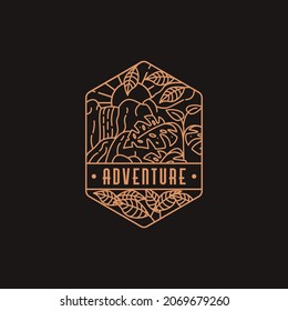 Emblem rainforest and waterfall adventure logo icon vector template with line art style on black background