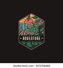 Emblem rainforest and waterfall adventure logo icon vector template on black background