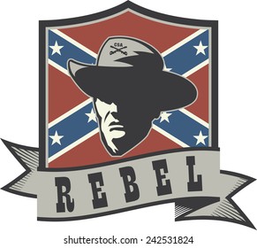 Emblem with rebel confederate officer, battle flag and ribbon