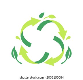 Emblem for Recyclable Package. Recycle Symbol of Green Circulate Rotating Arrows with Tree Leaves Garbage Transformation Process Symbol for Poster or Eco Banner, Reuse Litter. Vector Illustration