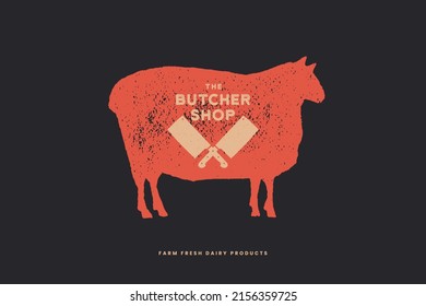 Emblem with red silhouette of sheep. Logo template with livestock in engraving style. Can be used for restaurant menu design, market packaging, labels. Vector vintage illustrations on black background