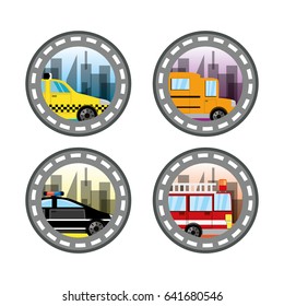 emblem related with taxi, bus, police and fire truck in a beautiful city