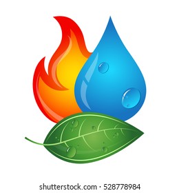 Emblem renewable energy sources, fire, water drop and green leaf