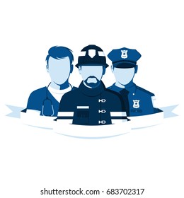 Emblem of rescue team. Silhouettes of people of emergency service. Employees of the ambulance, police and fire department. Firefighter, policeman and paramedic in flat style. Vector illustration.