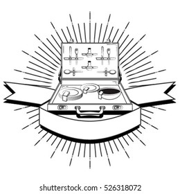 Emblem for restaurant or cafe, diplomat (suitcase) with food-set