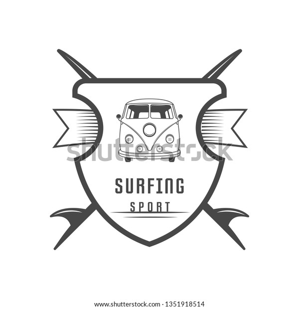 Emblem in retro style. Illustration for\
cards, badge and sport wear. Bus for\
travelling.