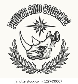 Emblem with Rhinoceros Head and laurel wreath in hand drawn style. Vector illustration.