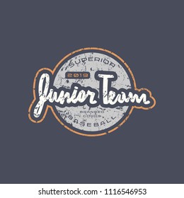 Emblem with rough texture for baseball junior team. Graphic design for t-shirt