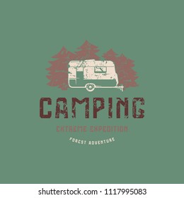Emblem with rough texture for camping. Graphic design for t-shirt. Color print on green background