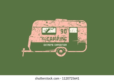 Emblem with rough texture for car camping. Graphic design for t-shirt. Color print on green background