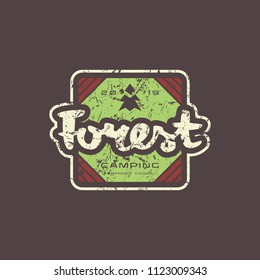 Emblem with rough texture for forest camping. Graphic design for t-shirt