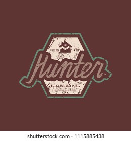 Emblem with rough texture for hunter club. Graphic design for t-shirt