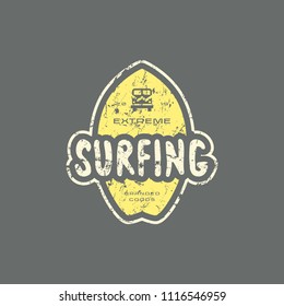 Emblem with rough texture for surfing club. Graphic design for t-shirt. Color print on gray background
