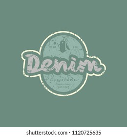 Emblem with rough texture for t-shirt. Denim clothing label. Color print on green background