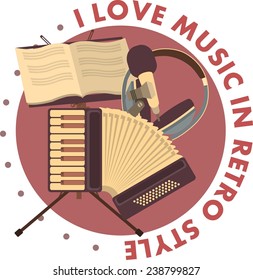 Emblem round shape I love retro music, with musical instruments