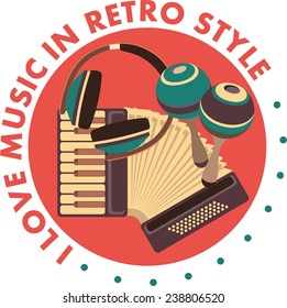  Emblem round shape I love retro music, with musical instruments