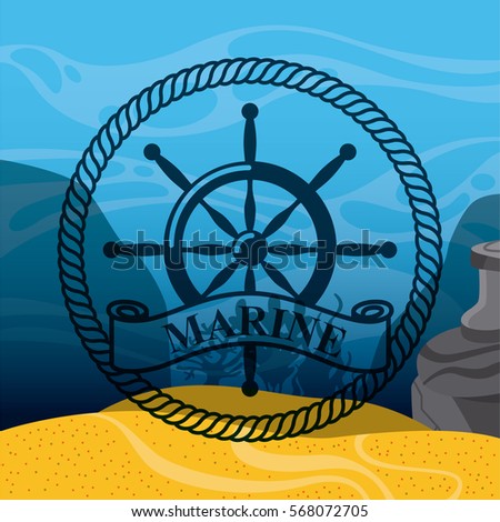 emblem with rudder icon over ocean background. colorful design. vector illustration