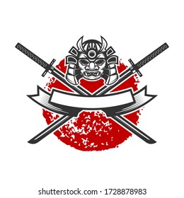 Emblem with samurai helmet and crossed katana swords. Design element for logo, label, sign, poster, t shirt. Vector illustration