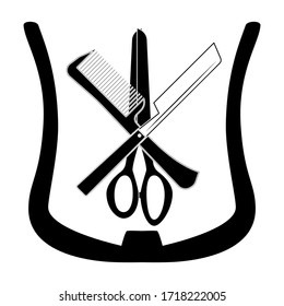 Emblem with scissors, razor and comb arranged crosswise. Barber shop vector logo, label or emblem design. Isolated on white background