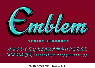 Emblem script alphabet; A dimensional logo script with highlights and shadows with subtle harmonious colors. Refined yet casual style for brand emblems and insignias.