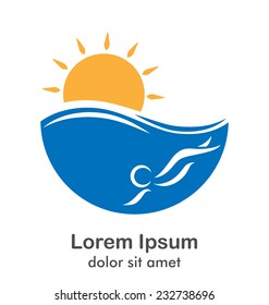 Emblem with sea, swimmer and sun isolated on white background