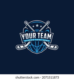 Emblem seal badge hockey sport logo with crossed hockey stick shield and helmet shield vector icon on dark background