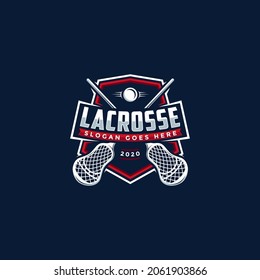 Emblem seal badge lacrosse sport logo with crossed lacrosse and shield vector icon on dark background