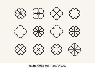 Сlover  emblem. Set of 6 geometric shape. Modern linear design print.  Modern abstract linear compositions and graphic design elements.