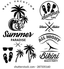 emblem set for design to topic summer with bikini party, sunglasses, flip-flops