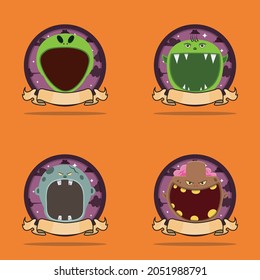 Emblem Set Head Monster. With Alien, Goblin, Grey Zombie and Brown Zombie Head Character Design. Vector And Illustration.