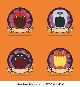 Emblem Set Head Monster. With Devil, Skeleton, Black Cat and Balloon Head Character Design. Vector And Illustration.