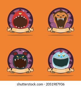 Emblem Set Head Monster. With One Eye Monster, Wolf Man, Mouse and Creepy Gnome Head Character Design. Vector And Illustration.