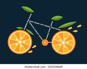 Emblema en forma de bicicleta hecho de rodajas anaranjadas, hojas verdes, leyenda de texto. Buena decoración de empaque de alimentos, comestibles, tiendas agrícolas, publicidad. Estilo plano