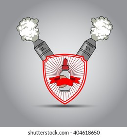 The emblem in the shape of a shield and a steam atomizer for electronic cigarette. Vector illustration